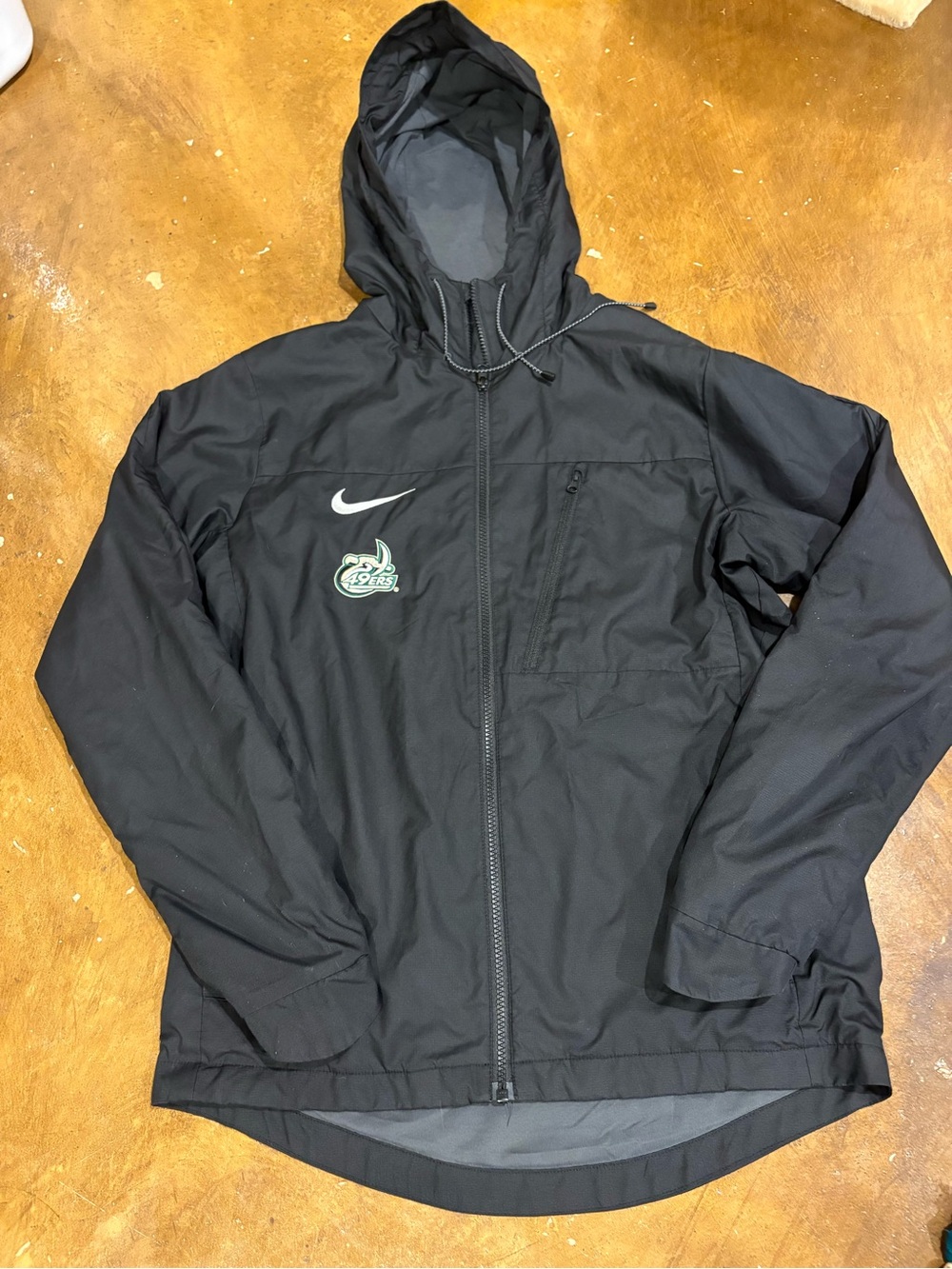 Nike Black Hooded Windbreaker with White Swoosh and Green Logo